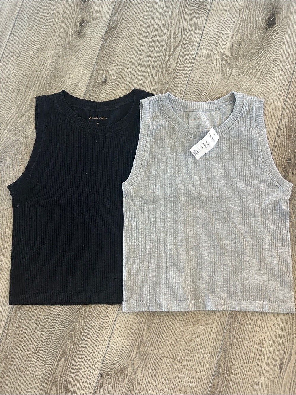 Pink Rose Ribbed Tank Tops - Black & Light Gray